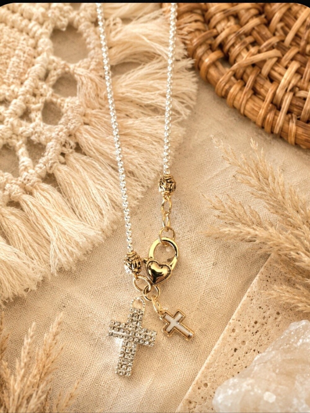 Multi-Tone Double Cross Pendant Necklace - Women Jewelry